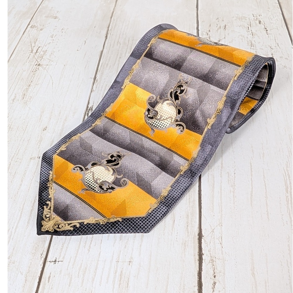 Di Moggio Pure Silk Necktie Yellow Gray Black Art Deco Mens 51" x 4"